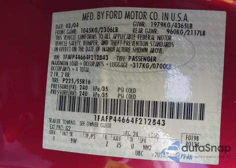 2004 Ford Mustang из США, поврежденный, VIN 1FAFP44664F212843